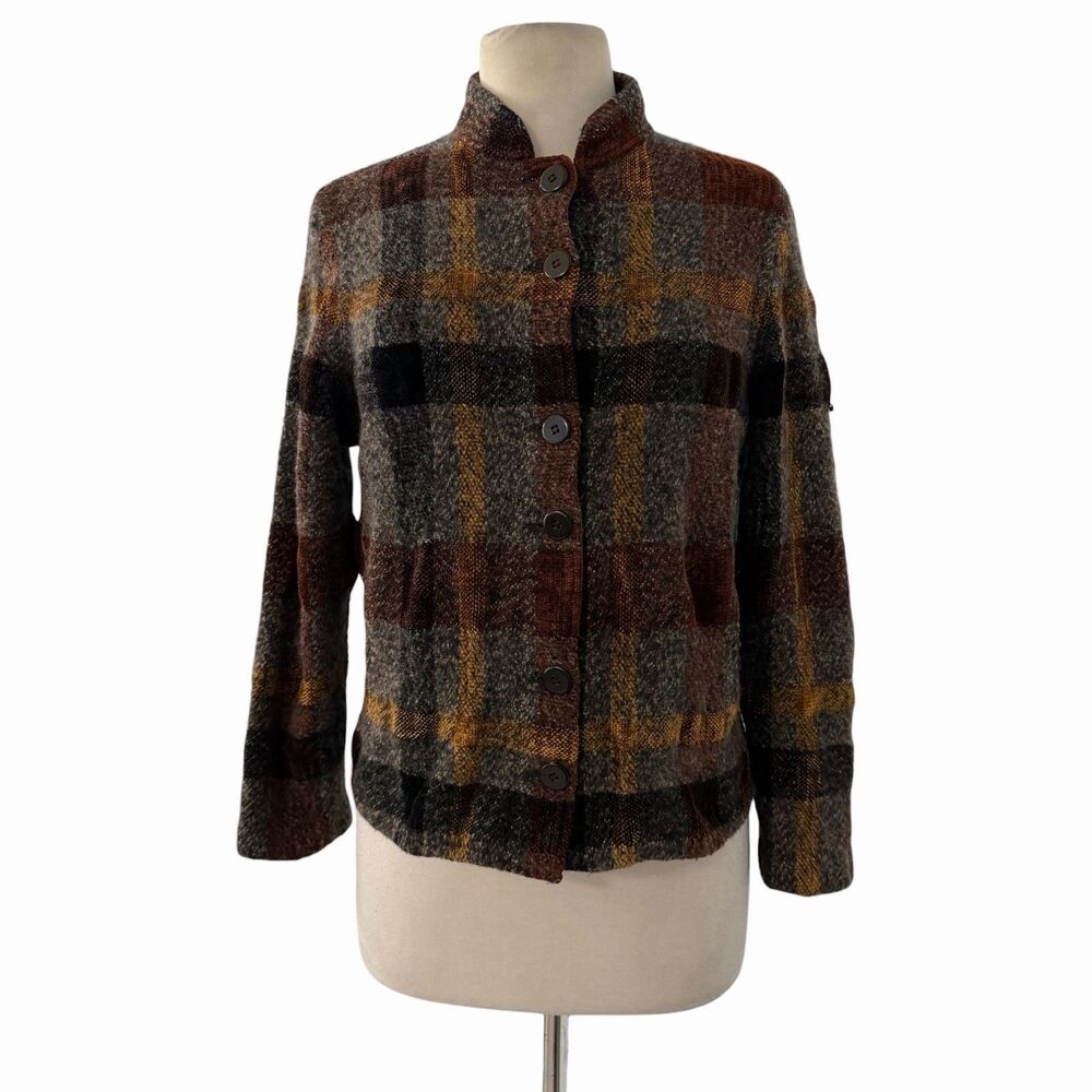 Loominus Handwovens Plaid Chenille Jacket Medium Vintage Cashmere Mock Neck Art